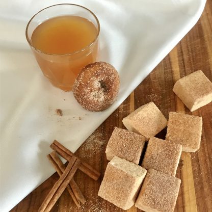 Apple Cider Donut Marshmallows shown with apple cider, an apple cider donut, and cinnamon sticks.