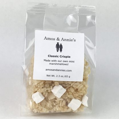 A crisp rice treat with homemade mini marshmallows in a clear bag with a white background