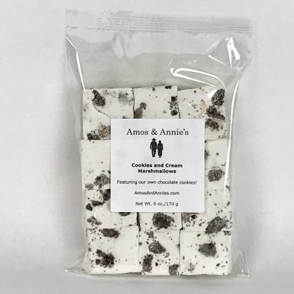 A dozen cookies and cream marshmallows packaged in a clear bag