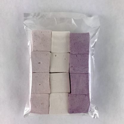 A clear package of twelve marshmallows, four each of strawberry, vanilla, and blueberry.