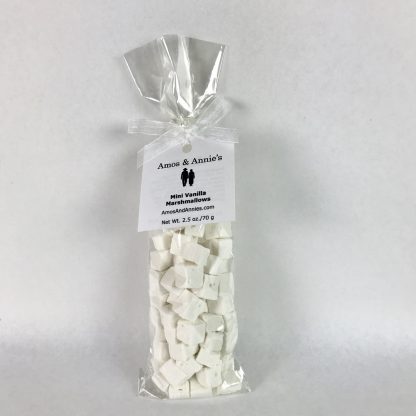 Mini vanilla marshmallows in a clear bag tied with a white bow and hangtag. The product is setting on a white background.