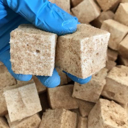 A gloved hand holds two maple marshmallows coated in maple sugar above a pile of additional maple marshmallows.